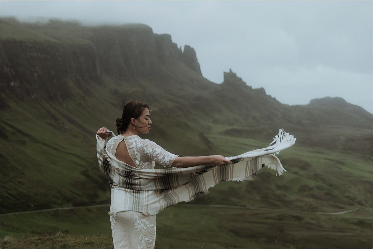 quiraing bride standing in the wind