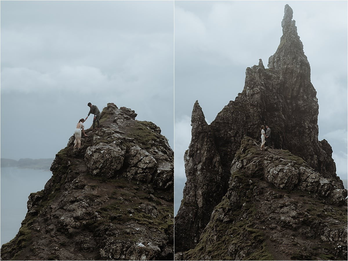 isle of skye elopement couple climbing old man of storr