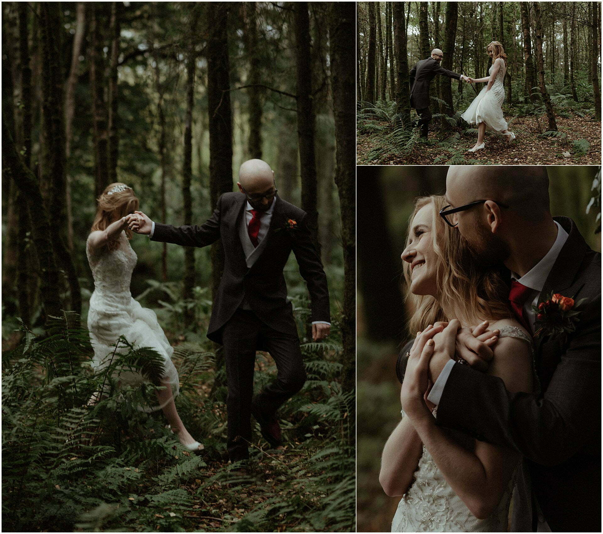 elope Scotland bride and groom walking in woodland