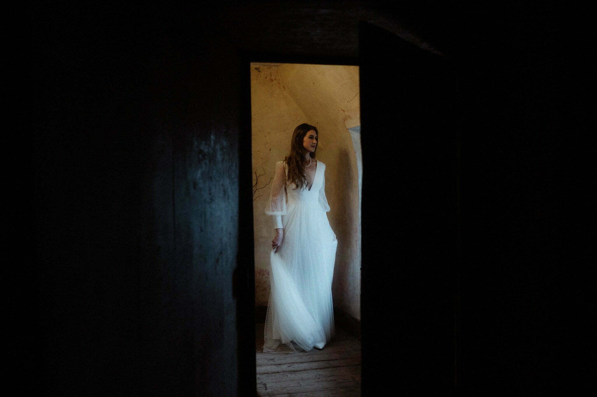 scottish borders elopement bride within the top rooms of neidpath castle in scotland