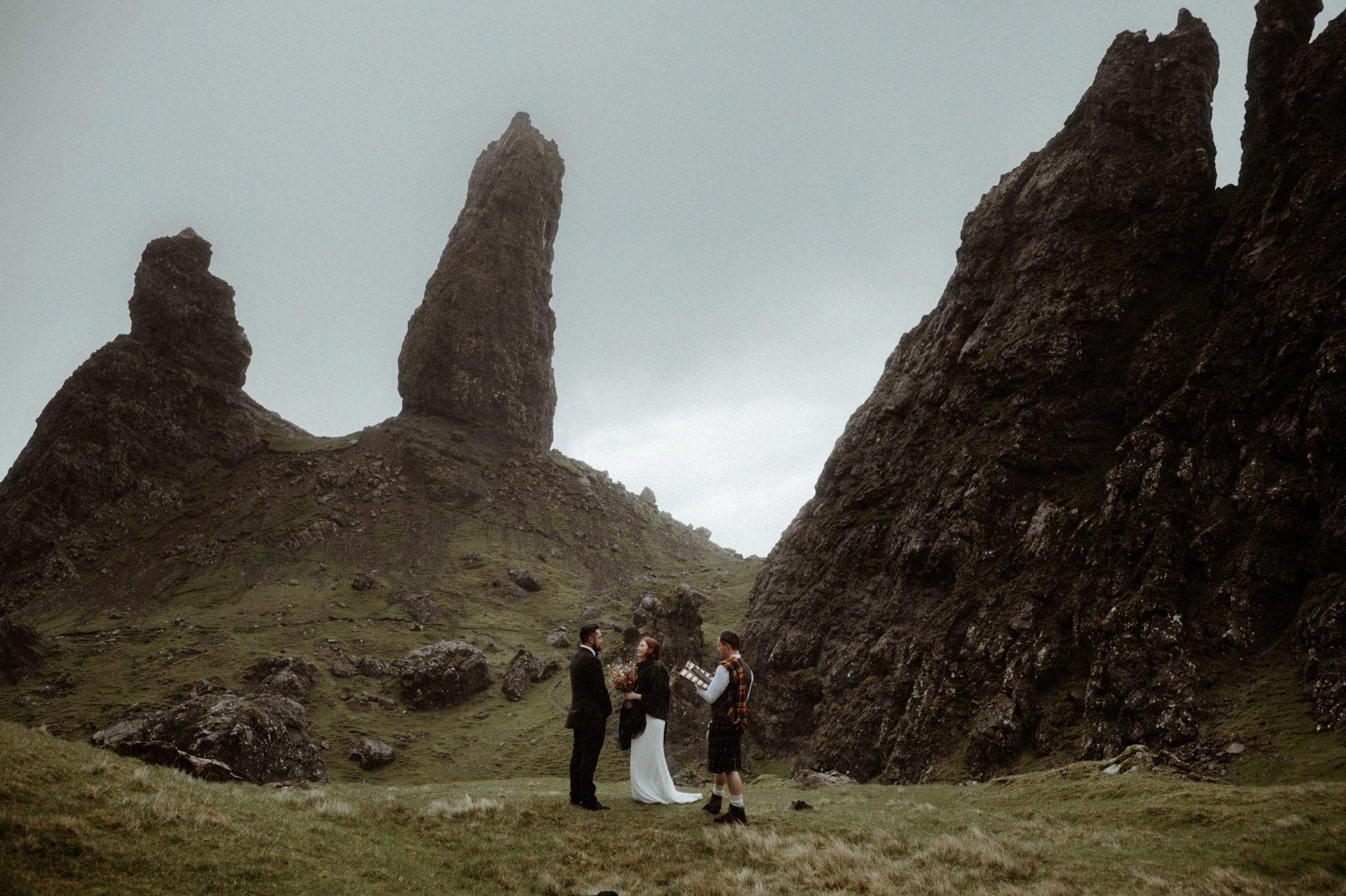 humanist celebrant Ashton Easter in Scotland conducting a ceremony on the Isle of Skye at the Old Man of Storr
